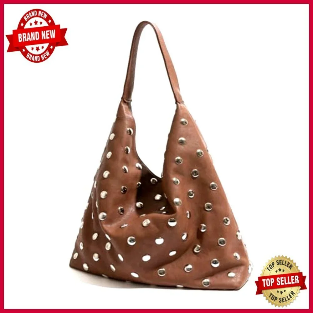 Large Vegan Leather Studded Hobo Bag with Shoulder Strap Tote Purse